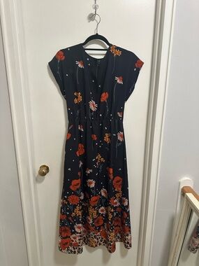 Women's Navy Floral Midi Dress with Orange & Pink Accents